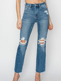 Risen: High Rise Knee Distressed Ankle Jeans