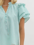 Aqua Striped Ruffle Sleeve Top