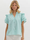 Aqua Striped Ruffle Sleeve Top