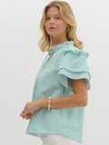 Aqua Striped Ruffle Sleeve Top