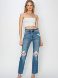 Risen: High Rise Knee Distressed Ankle Jeans