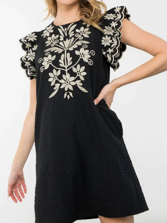 Savannah Flutter Sleeve Embroidered Dress