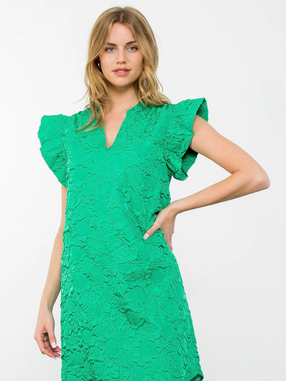 Ruthie Ruffle Sleeve Textured Dress - Green