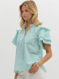 Aqua Striped Ruffle Sleeve Top