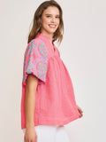 Coral Garden Embroidered Sleeve Top