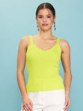 Val V-Neck Ribbed Knit Top - Lime Yellow