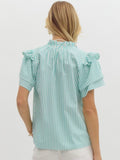 Aqua Striped Ruffle Sleeve Top