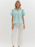 Aqua Striped Ruffle Sleeve Top