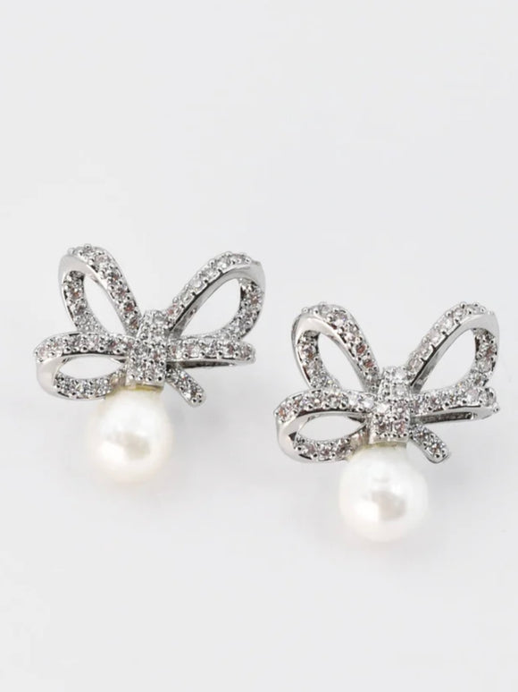 Treasure Jewels: Crystal Ribbon Pearl Earrings - Silver