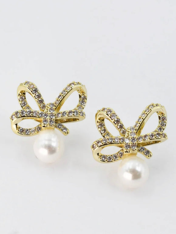 Treasure Jewels: Crystal Ribbon Pearl Earrings - Gold