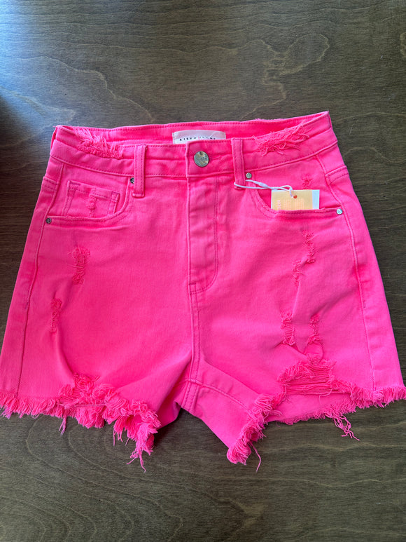 Risen: High Rise Distressed Shorts - Hot Pink