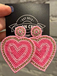 Beaded Heart Earrings - Multi Pink